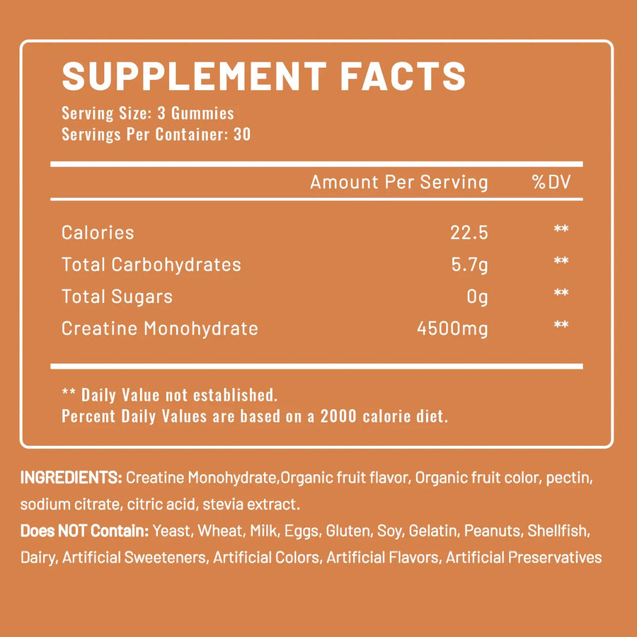 Avanelle Creatine Gummies Supplement Facts - Orange