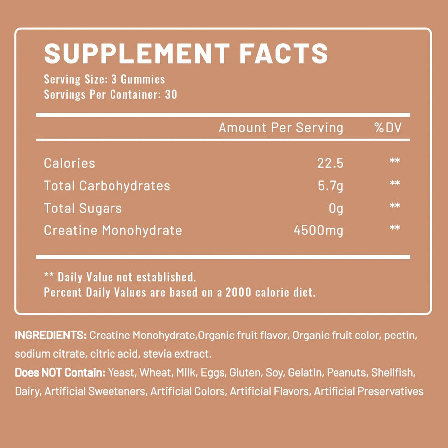 Avanelle Creatine Gummies Supplement Facts - Peach
