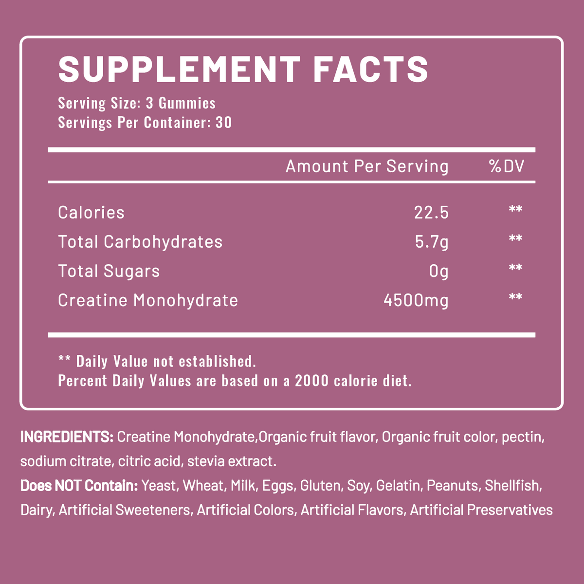 Avanelle Creatine Gummies Supplement Facts - Raspberry