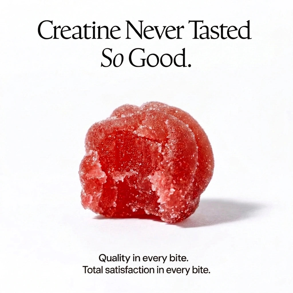Avanelle Strawberry creatine gummy with text 'Creatine Never Tasted So Good' on a white background