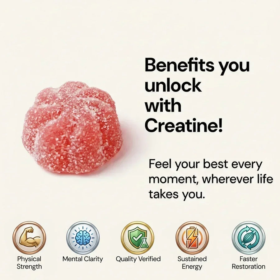 Red gummy supplement with text about creatine benefits on a white background