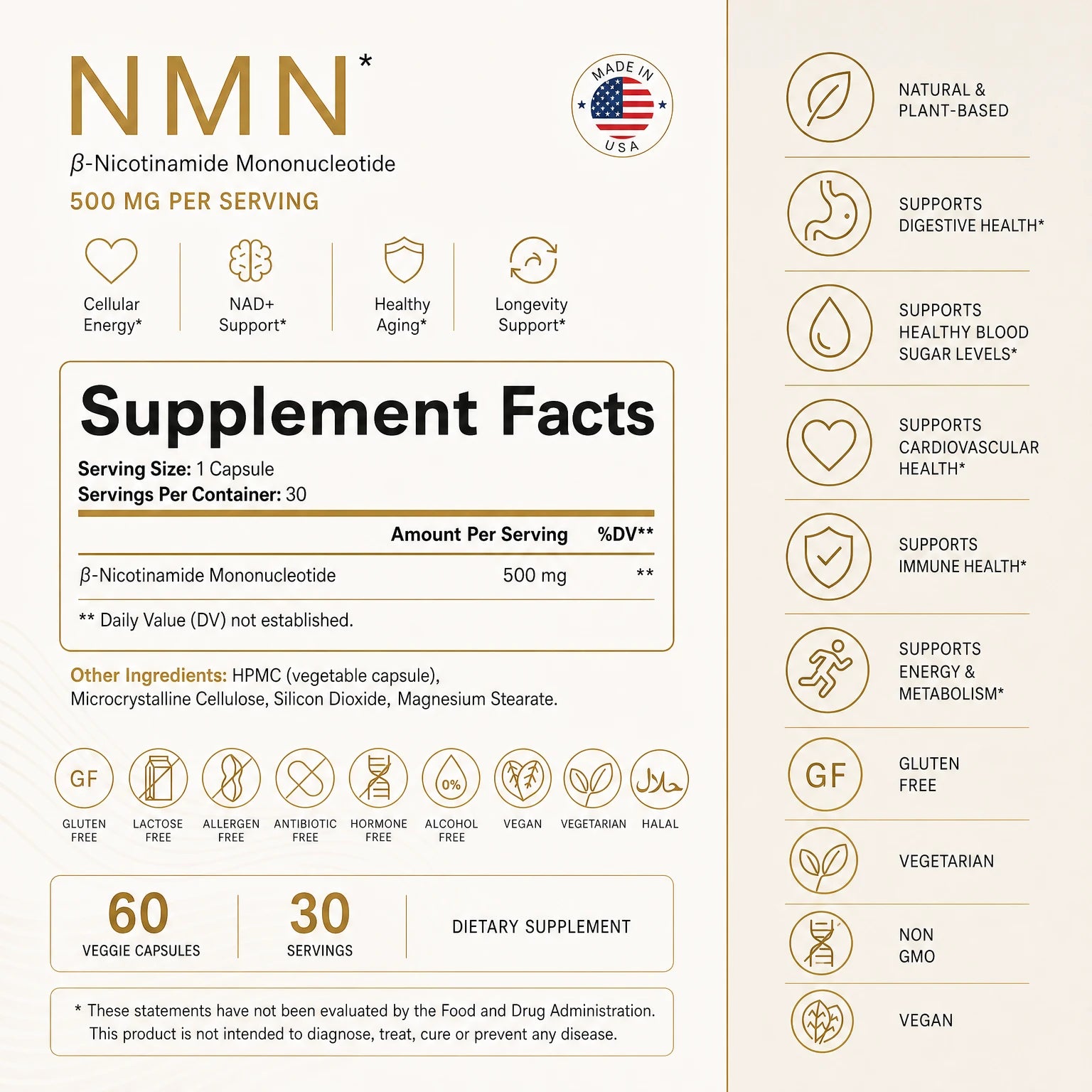 Supplement label for NMN with supplement facts and benefits listed.