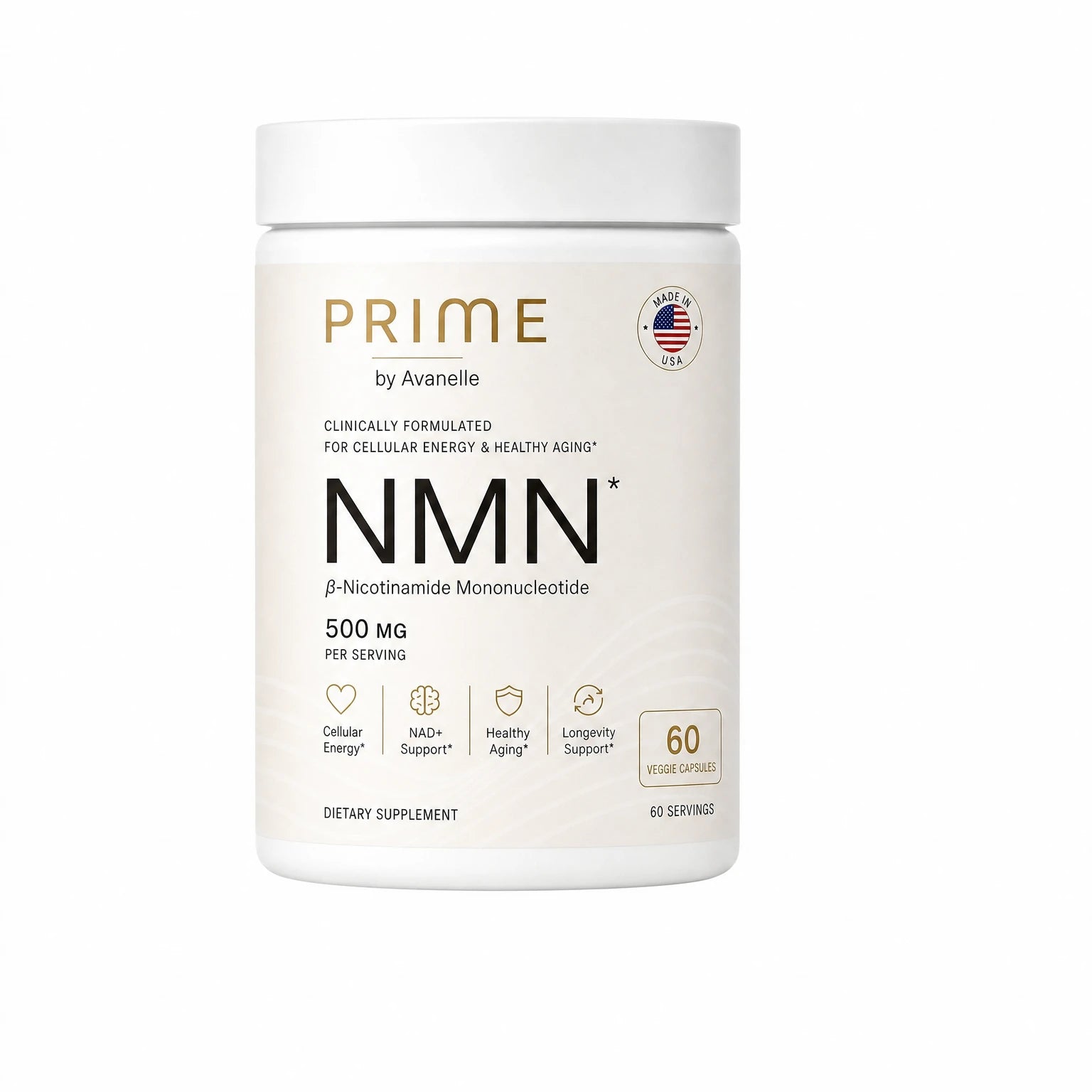 Supplement container labeled 'Prime by Avanelle' on a white background