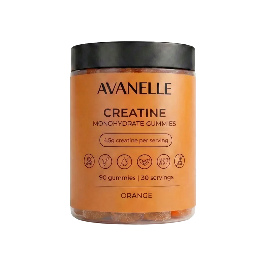 Avanelle Orange flavor Creatine Monohydrate Gummies jar on a white background
