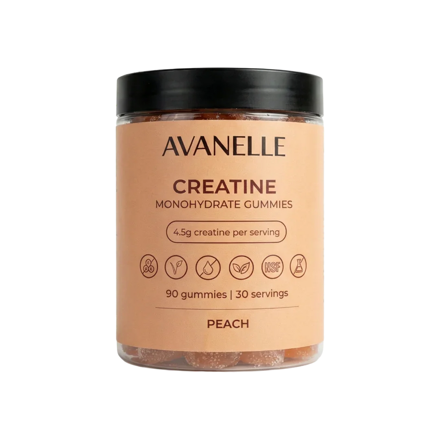 Jar of Avanelle Creatine Monohydrate Gummies with peach flavor on a white background