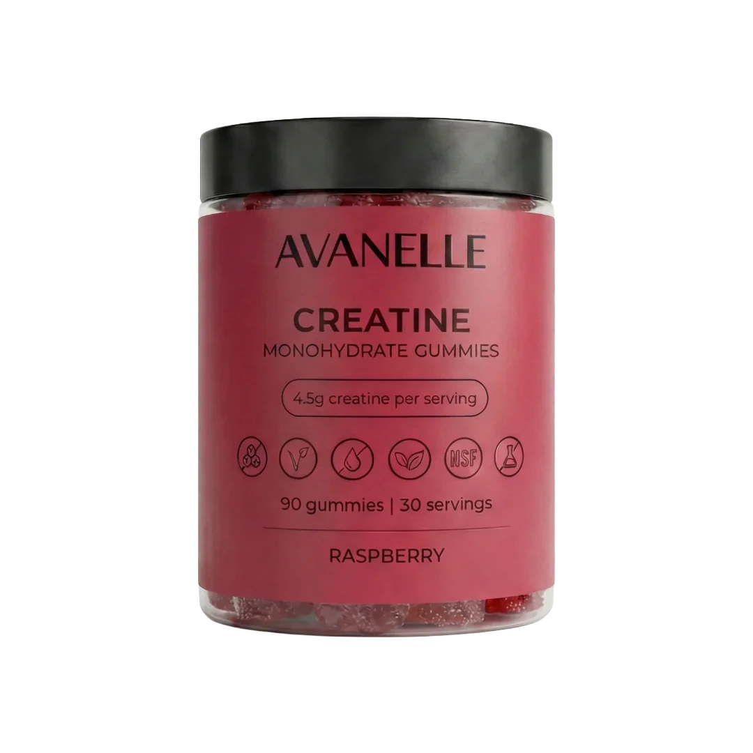Jar of Avanelle Raspberry flavor Creatine Monohydrate Gummies on a white background