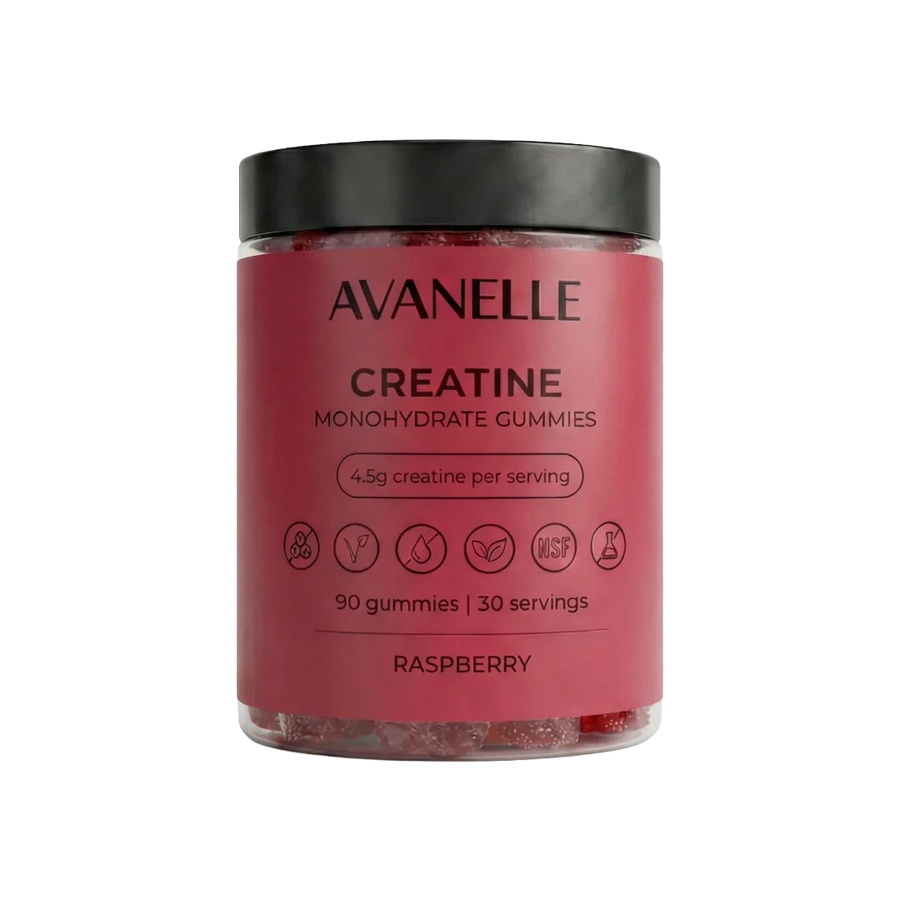 Jar of Avanelle Raspberry flavor Creatine Monohydrate Gummies on a white background
