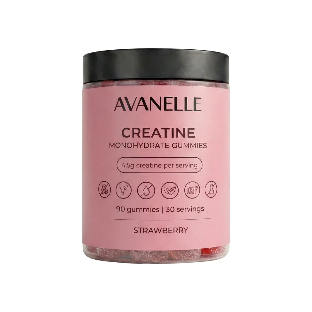 Pink container of Strawberry Flavor Avanelle Creatine Monohydrate Gummies with black lid on a white background