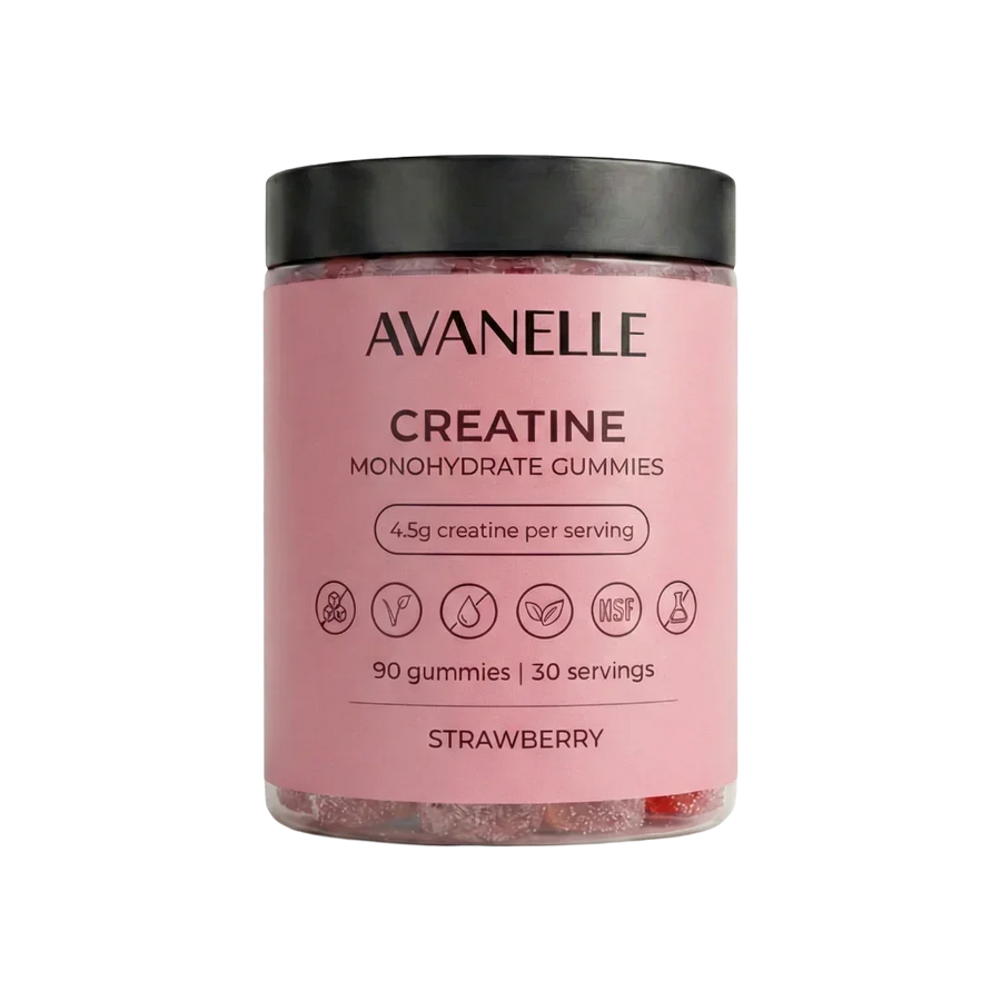 Pink container of Strawberry Flavor Avanelle Creatine Monohydrate Gummies with black lid on a white background