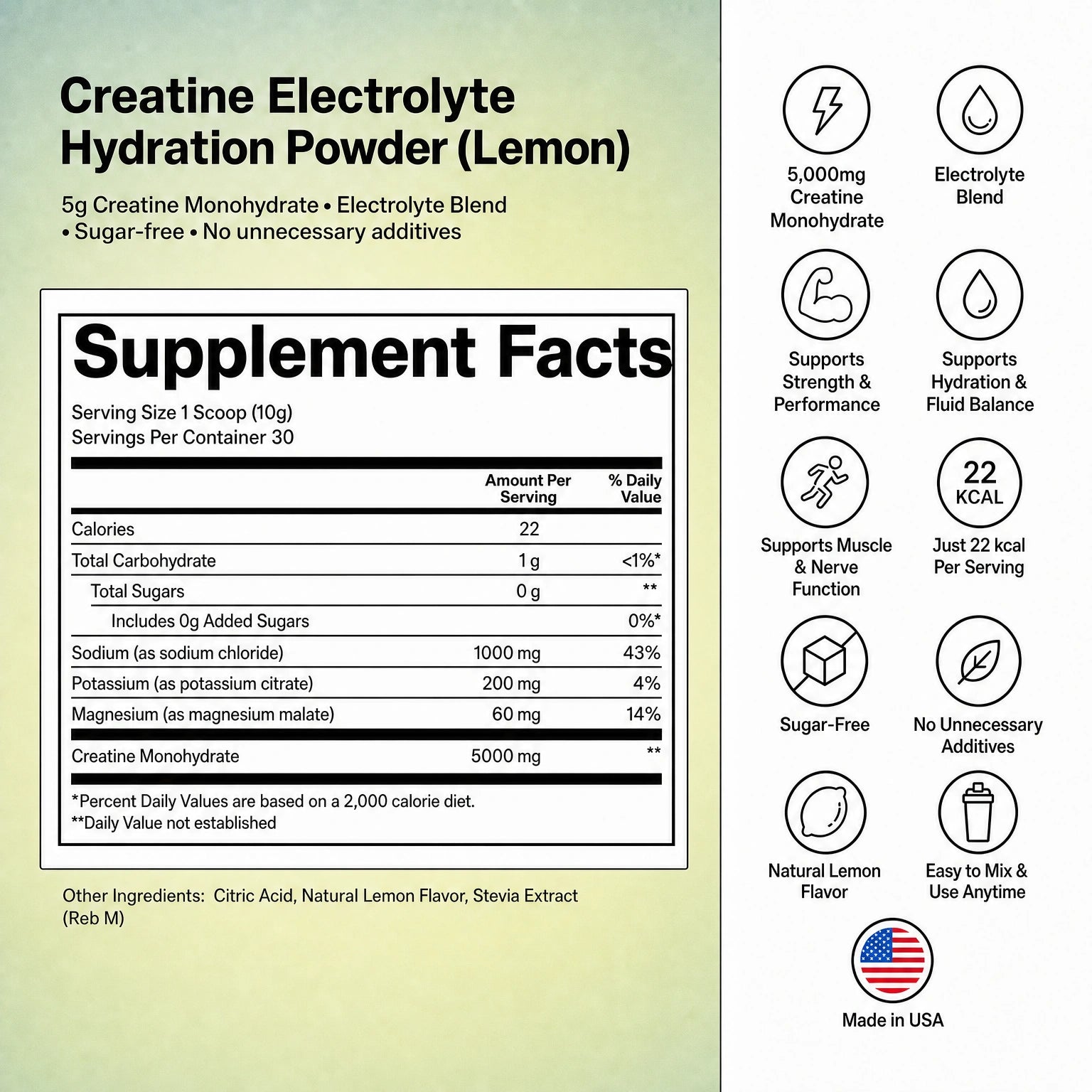 Supplement facts label for Creatine Electrolyte Hydration Powder with lemon flavor on a gradient background.