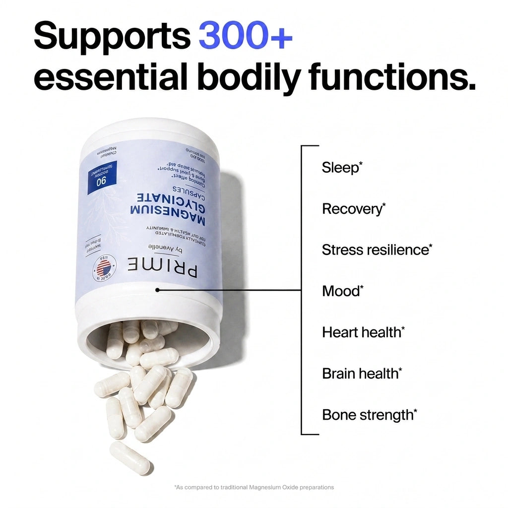 Supplement bottle with magnesium capsules spilling out, labeled for various bodily functions on a white background.