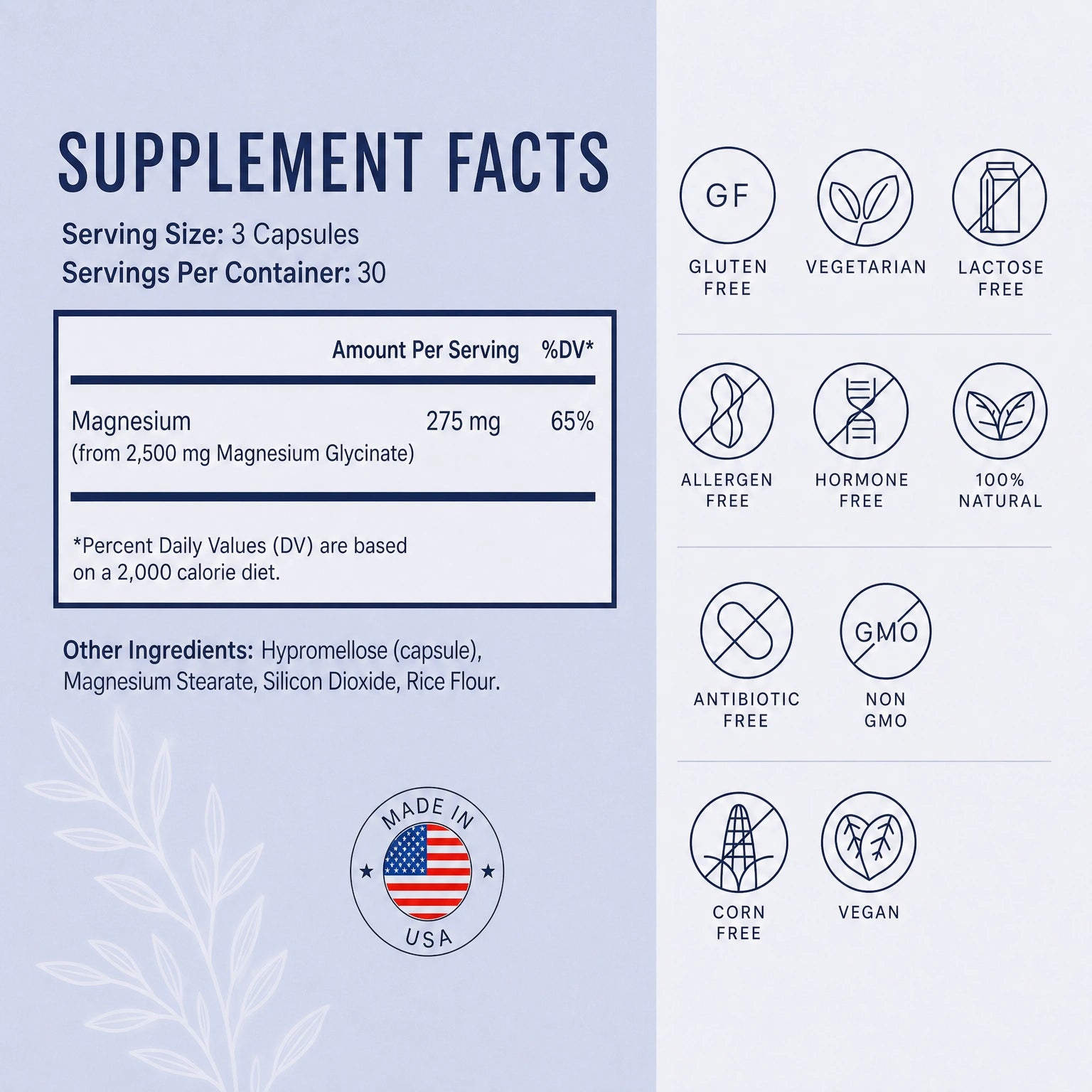 Supplement facts label with magnified view of magnesium content on a light blue background.