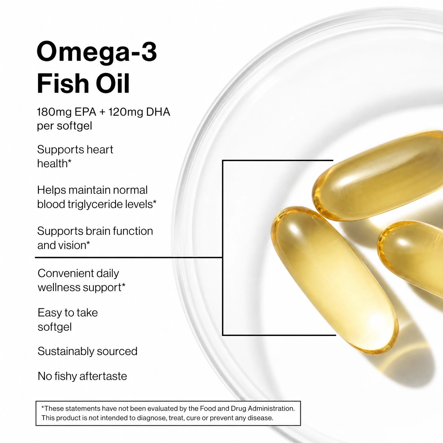 PRIME by Avanelle Omega-3 fish oil capsules on a clear background with text highlighting benefits.