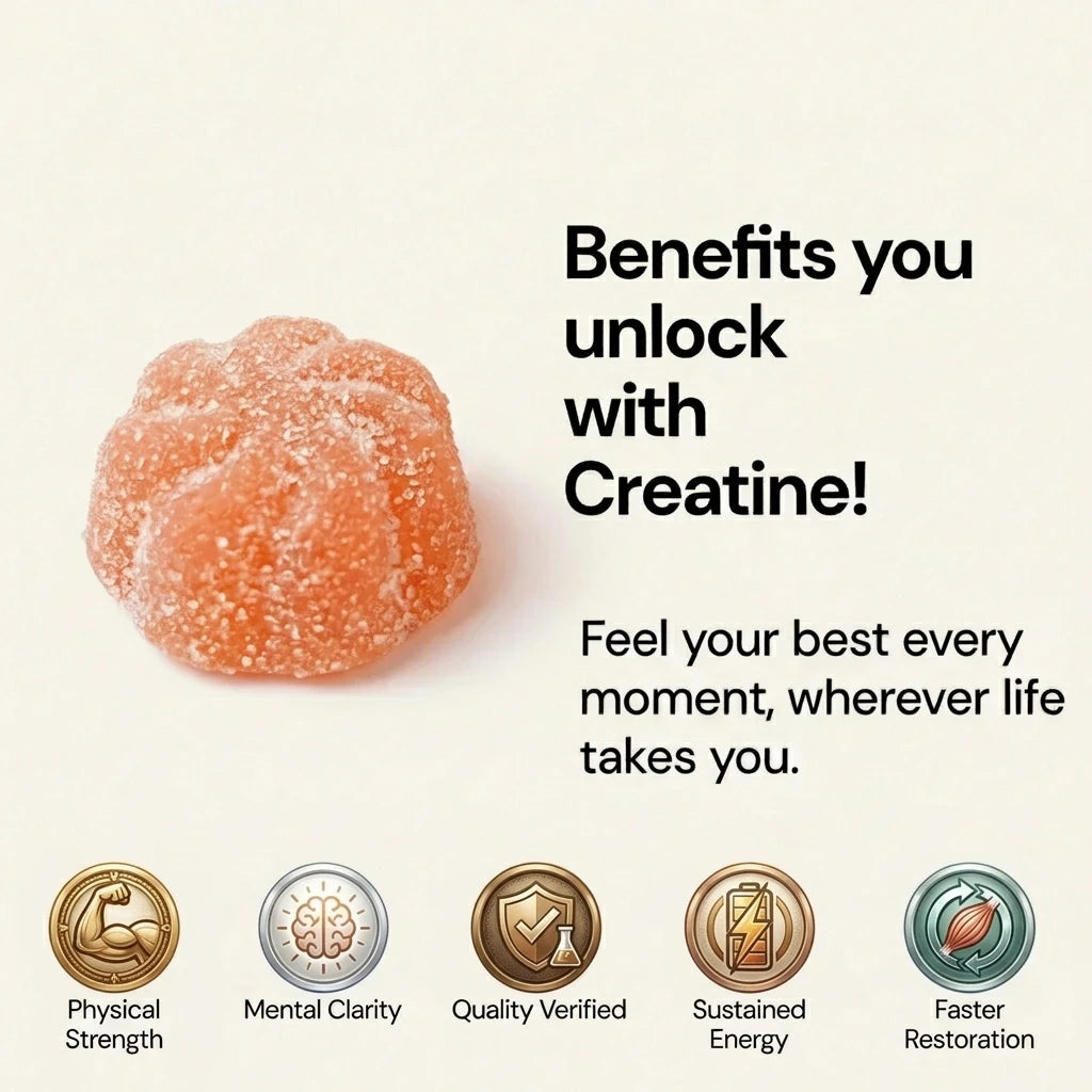 Avanelle creatine gummies with text about creatine benefits on a beige background