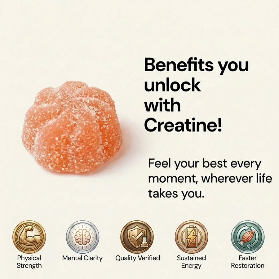 Avanelle creatine gummies with text about creatine benefits on a beige background