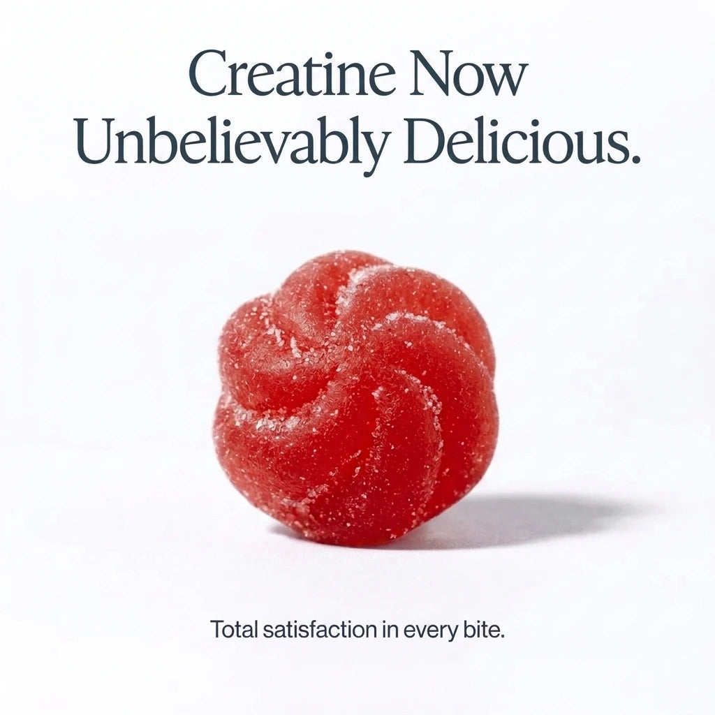 Red gummy candy with text 'Creatine Now Unbelievably Delicious' on a white background