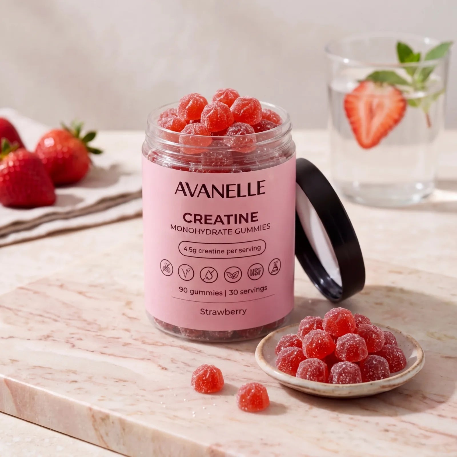 Jar of Avanelle Creatine Monohydrate Gummies with strawberry flavor on a wooden surface.
