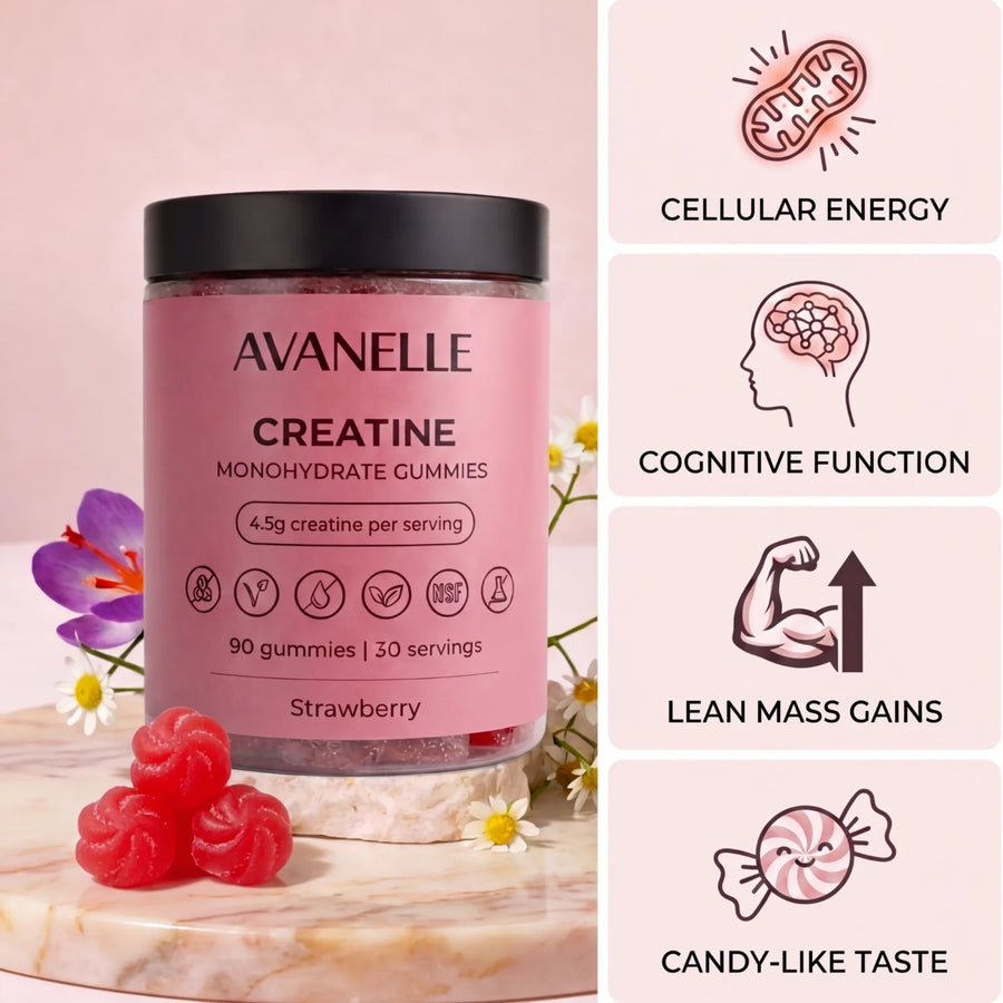 Pink container of Avanelle Strawberry Creatine Monohydrate Gummies with illustrations and text on a pink background