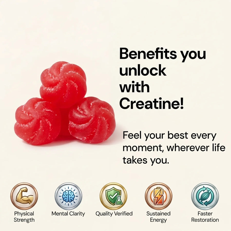 Red gummy bears with text about creatine benefits on a white background