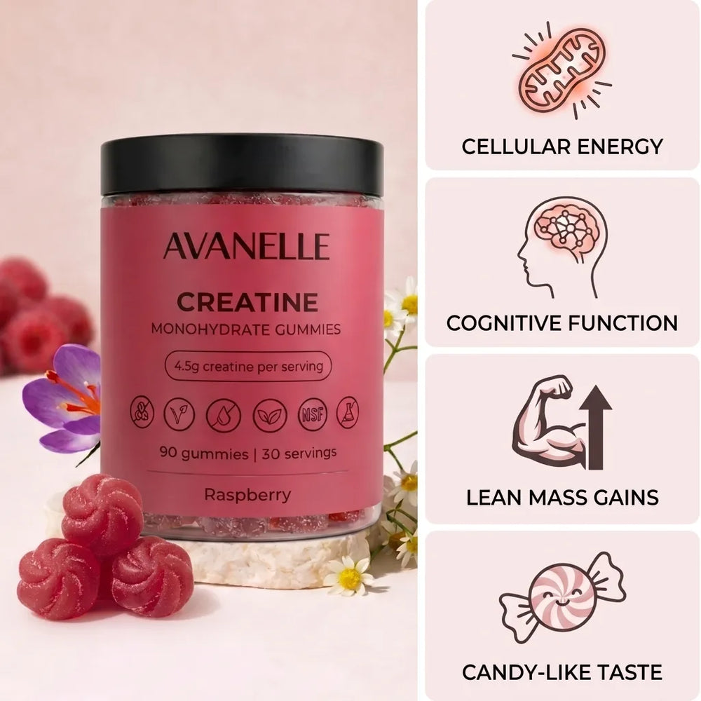 Raspberry container of Avanelle Creatine Monohydrate Gummies with health benefits on a light pink background