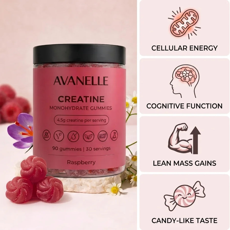 Raspberry container of Avanelle Creatine Monohydrate Gummies with health benefits on a light pink background
