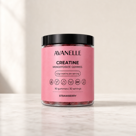 Avanelle creatine gummies — dosage scene, marble surface