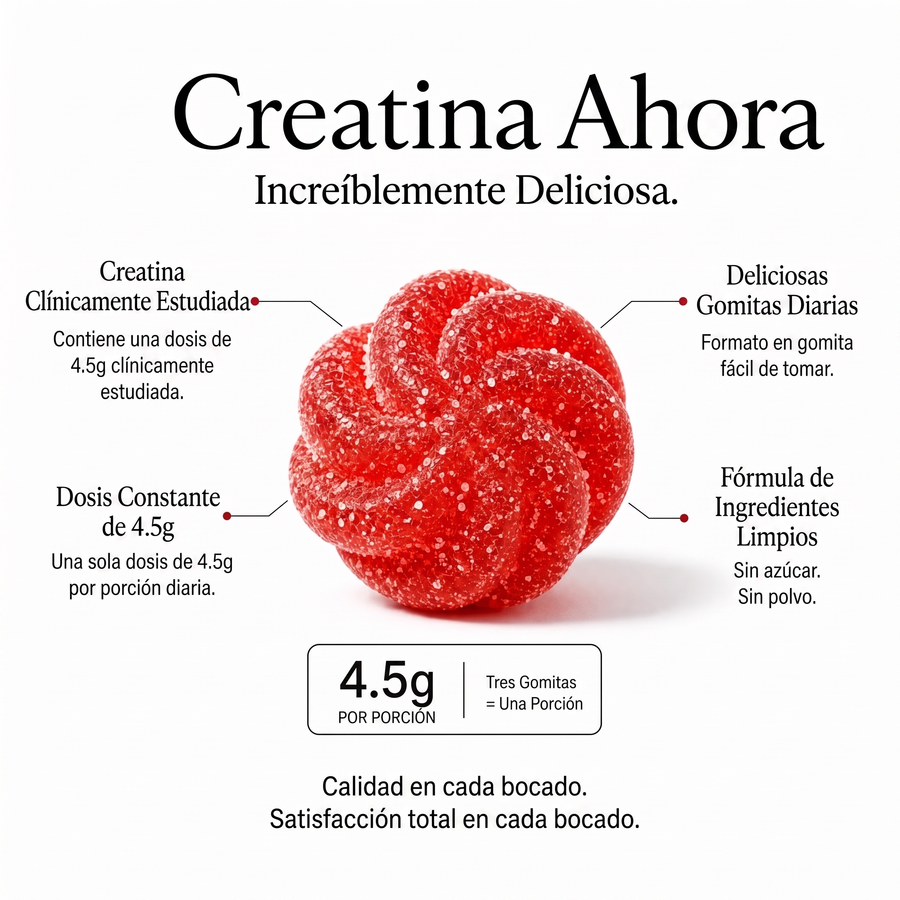 Gomita roja de suplemento con texto que destaca sus características sobre fondo blanco #lang:es
