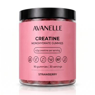 Avanelle Strawberry Creatine Monohydrate Gummies jar on a white background