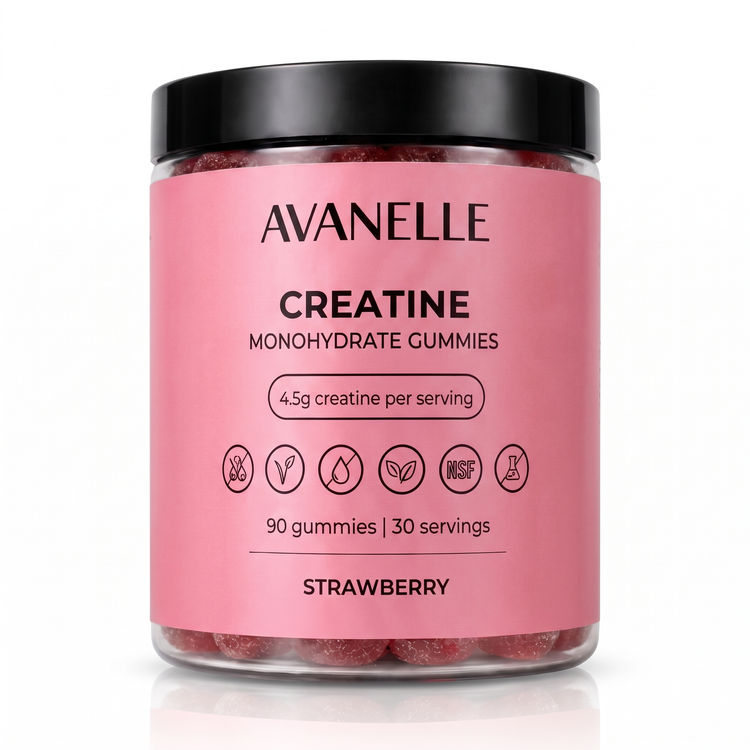 Avanelle Strawberry Creatine Monohydrate Gummies jar on a white background