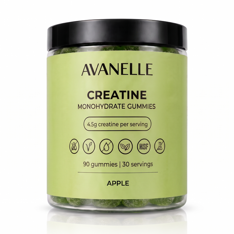 Avanelle Apple Creatine Monohydrate Gummies jar on a white background