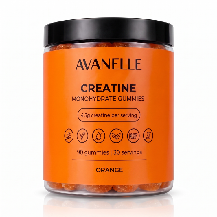 Avanelle Orange Creatine Monohydrate Gummies jar on a white background