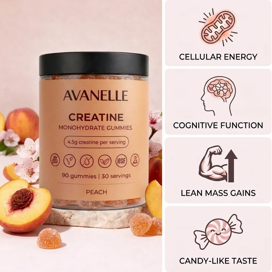 Avanelle Creatine Monohydrate Gummies jar with peach flavor on a light pink background