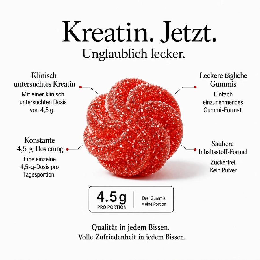 Rote Gummi-Süßigkeit mit Text, der die Produktmerkmale hervorhebt, auf weißem Hintergrund