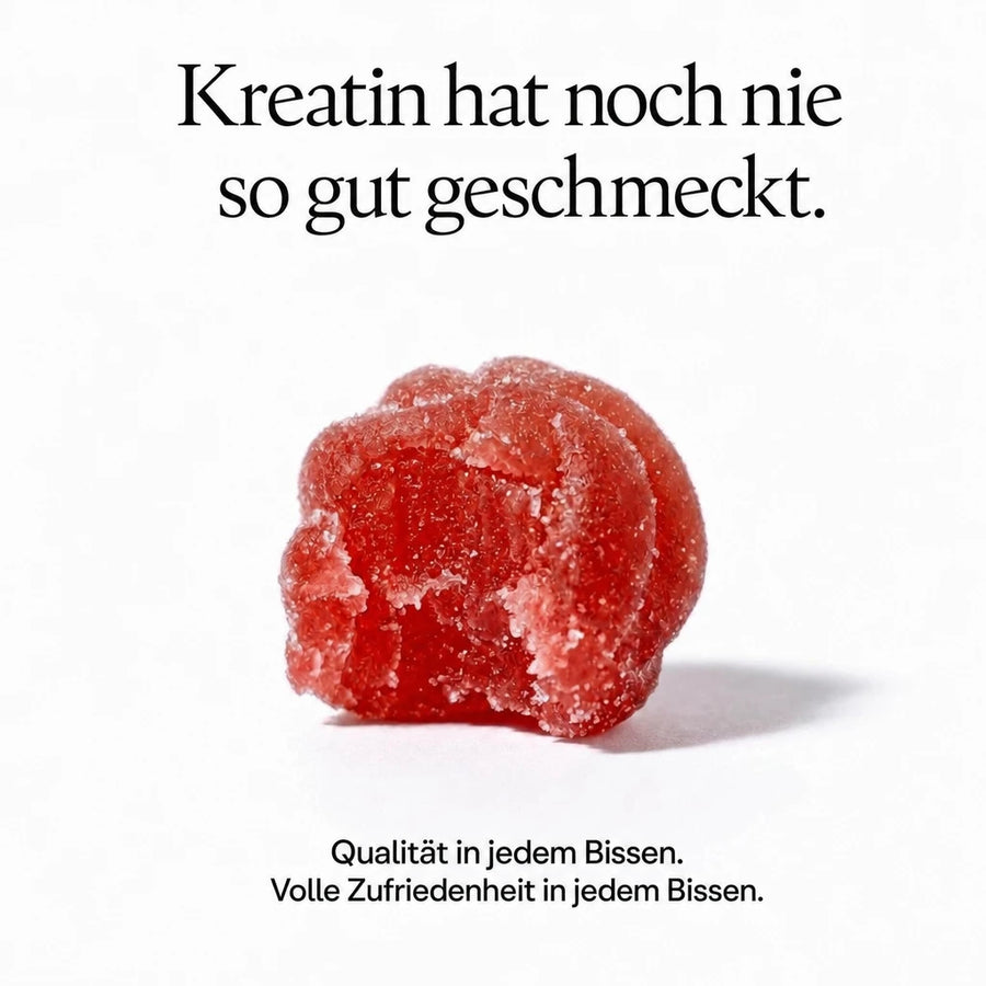 Avanelle Kreatin-Gummi mit dem Text 'Kreatin hat noch nie so gut geschmeckt' auf weißem Hintergrund