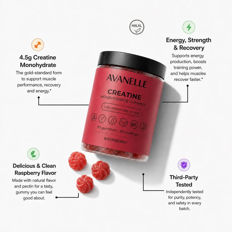Avanelle Creatine Monohydrate Gummies packaging with product benefits on a white background