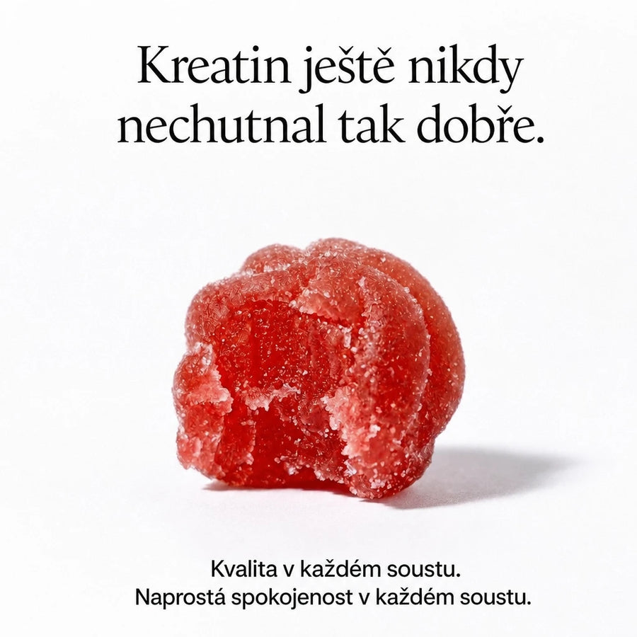 Avanelle jahodový kreatinový gumový bonbón s textem 'Kreatin ještě nikdy nechutnal tak dobře' na bílém pozadí #lang:cs
