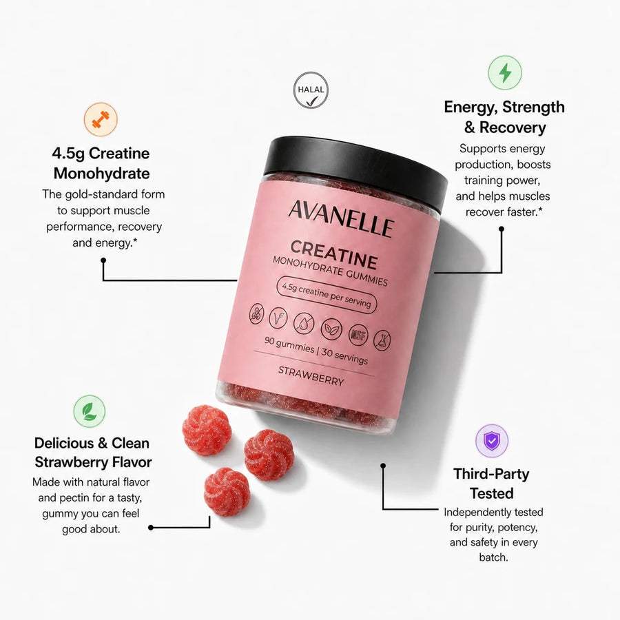 Pink container of Avanelle Creatine Monohydrate Gummies with strawberry flavor on a white background. Info about its benefits